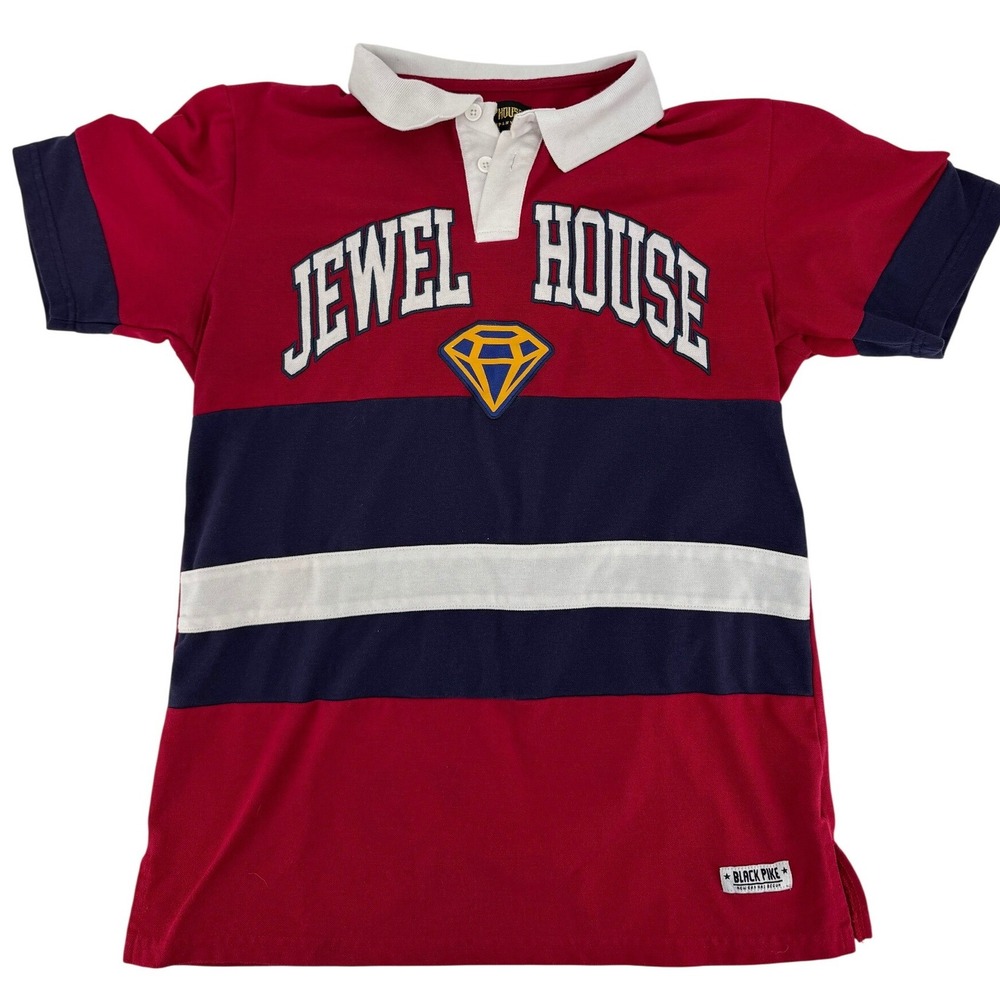 Jewel House Denim Company Mens L‎ Rugby Polo Shirt Red Navy Colorblock Diamond